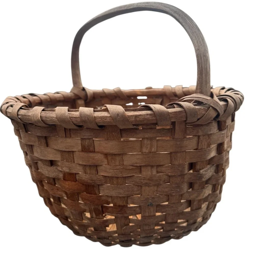 Vintage‎ Primitive Hand Woven Splint Wood Gathering Basket Fixed Handle Brown